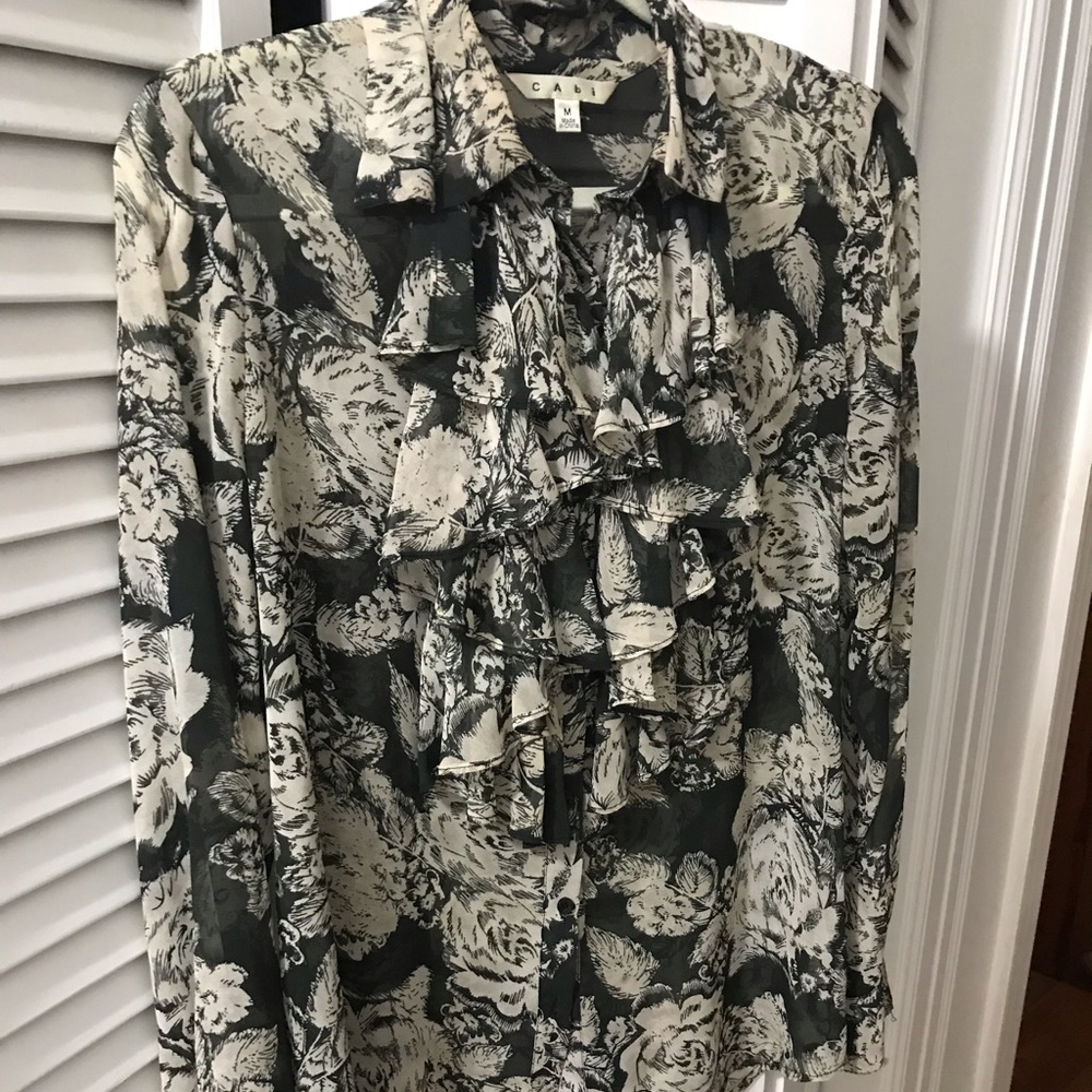 Cabi sheer black &white , long sleeve blouse;Med.